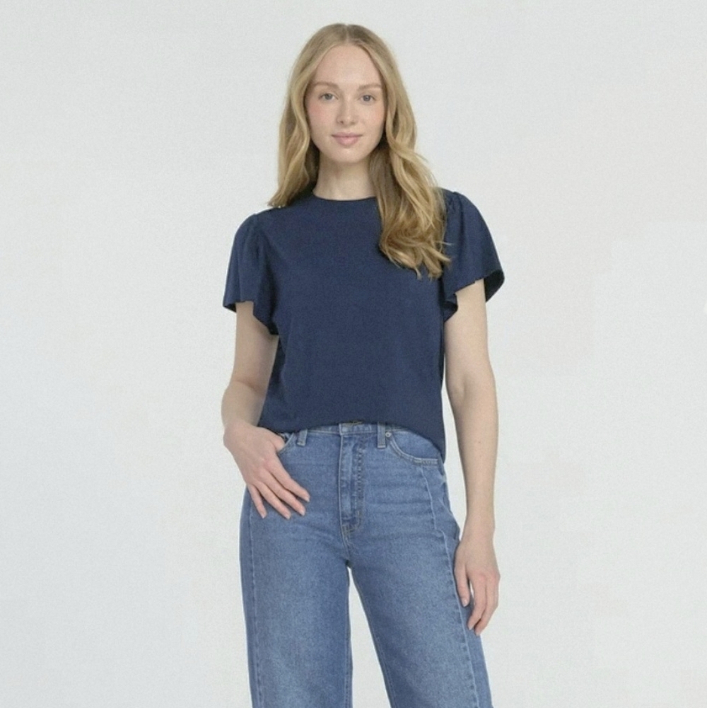 Navy Blue Women's Ruffle Sleeve Top